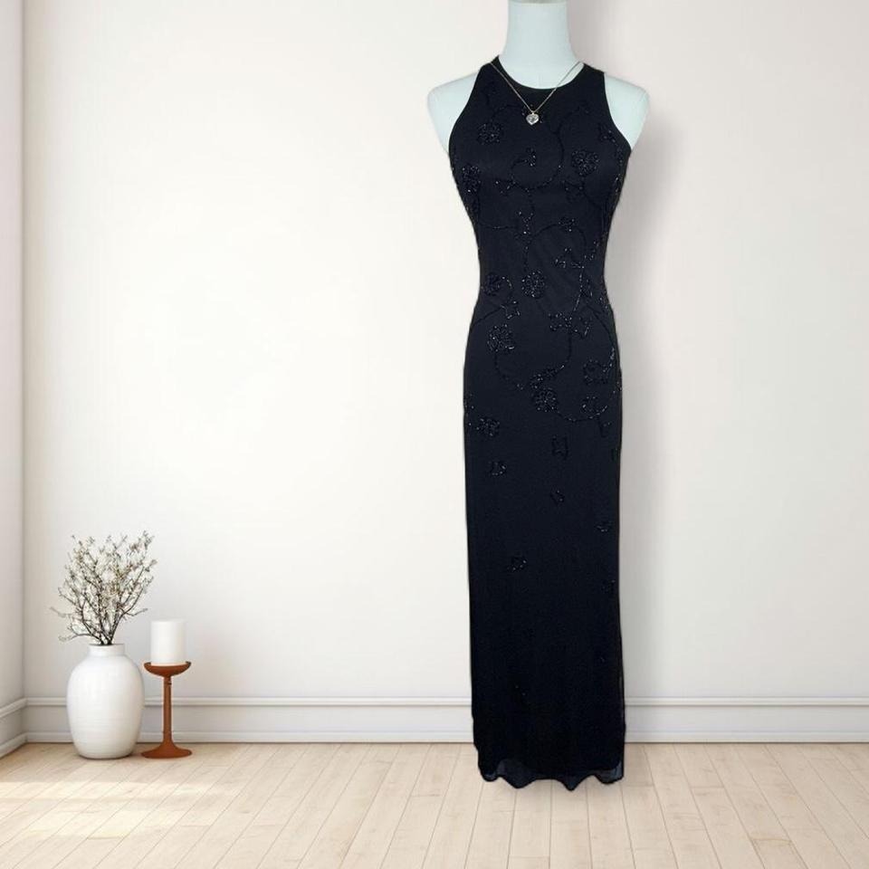 Y2k Black Beaded Halter Maxi Dress Open Back Formal Evening Gown Minimalist